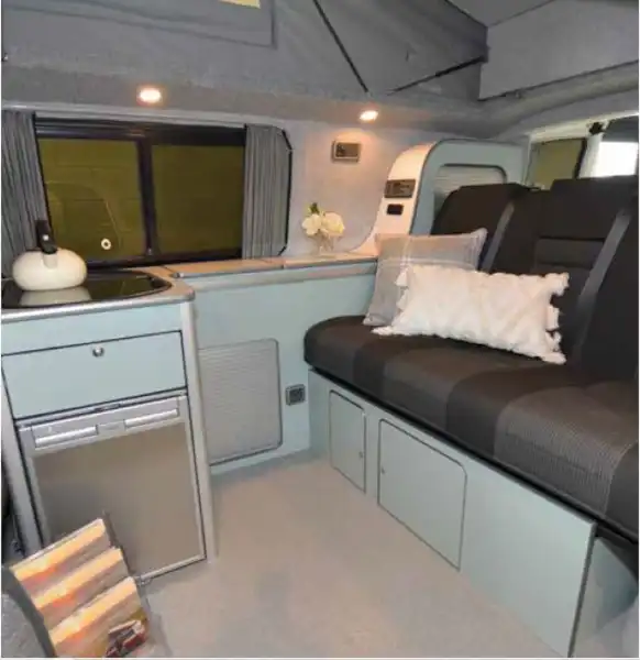 Interior of the Thistle Rose VW T6.1 campervan (Click to view full screen)