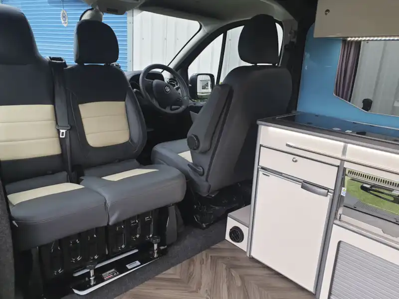 Cab seats in the Calder Campers Renault Trafic Auto campervan (Click to view full screen)