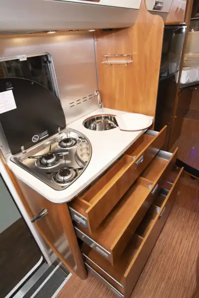Close up of the kitchen in the Laika Ecovip 609 motorhome (Click to view full screen)