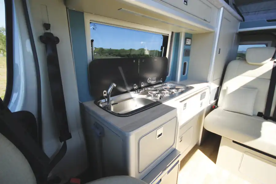 The kitchen in the Orange Campers Trouvaille (Click to view full screen)