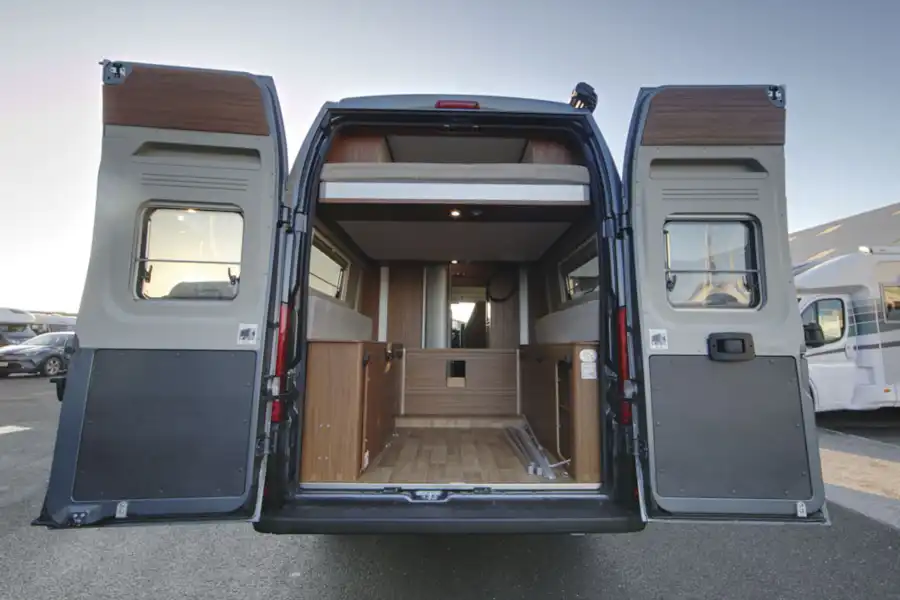 The Globecar Campscout Revolution campervan, with rear doors open (Click to view full screen)
