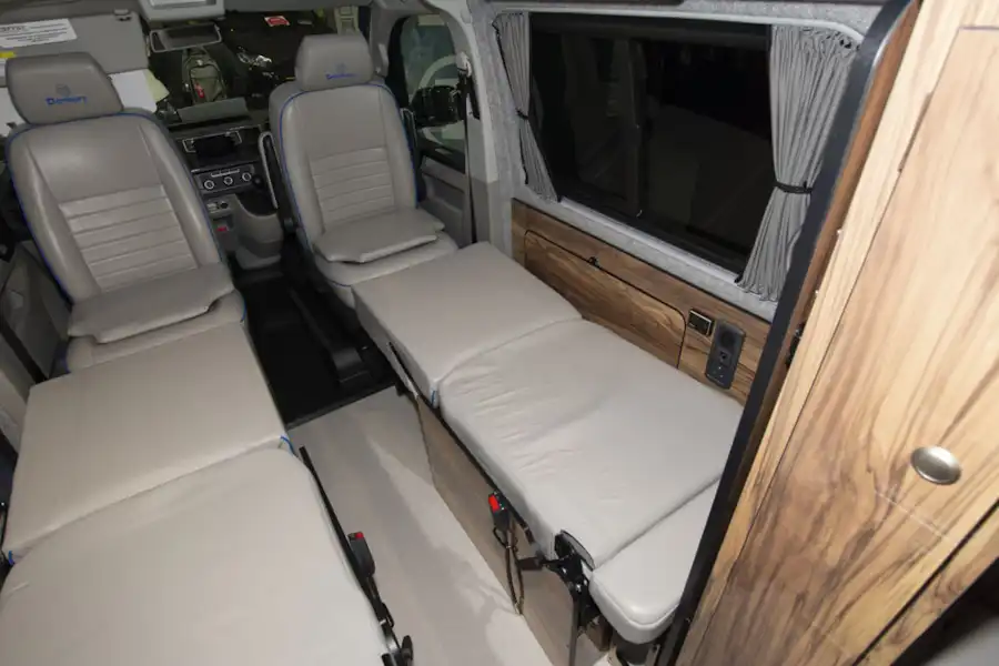 With the seats folded down to make beds in the Danbury Active Choice campervan (Click to view full screen)