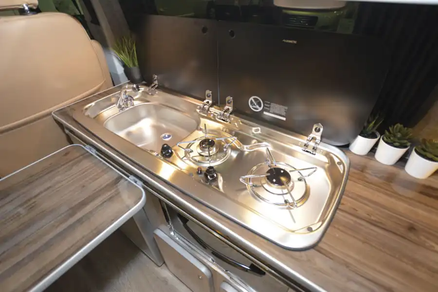 A close up of the kitchen in the Tribe Campers East Edition campervan (Click to view full screen)