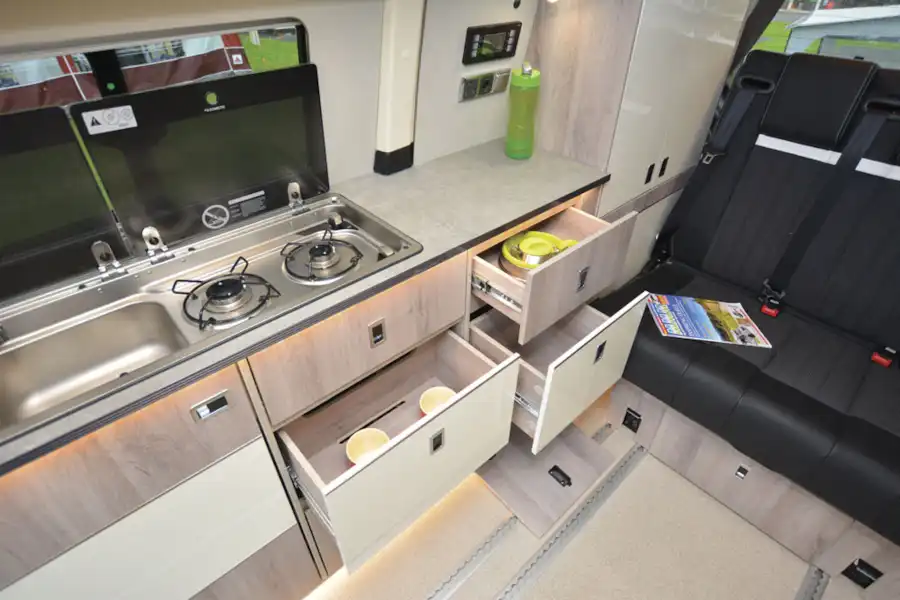The kitchen in the WildAx Proteus campervan (Click to view full screen)