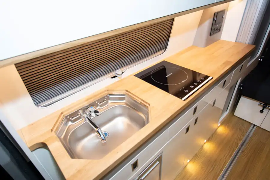 Close up of the kitchen in the Three Bridge Tourer LWB campervan (Click to view full screen)