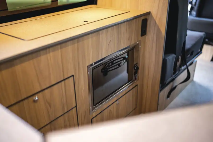 Close up of the kitchen in the Volkspec Leisure Delphi campervan (Click to view full screen)