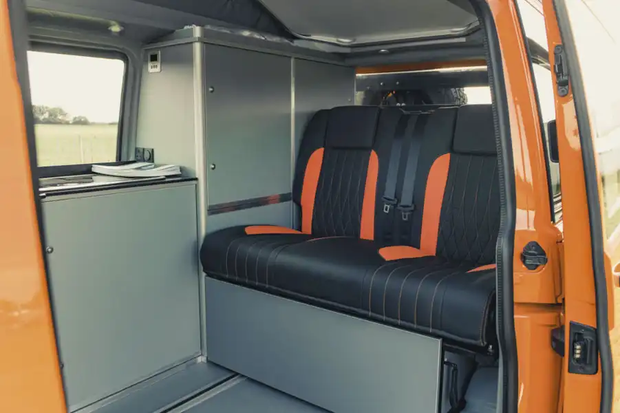 The rear seats in the Rolling Homes Expedition campervan (Click to view full screen)