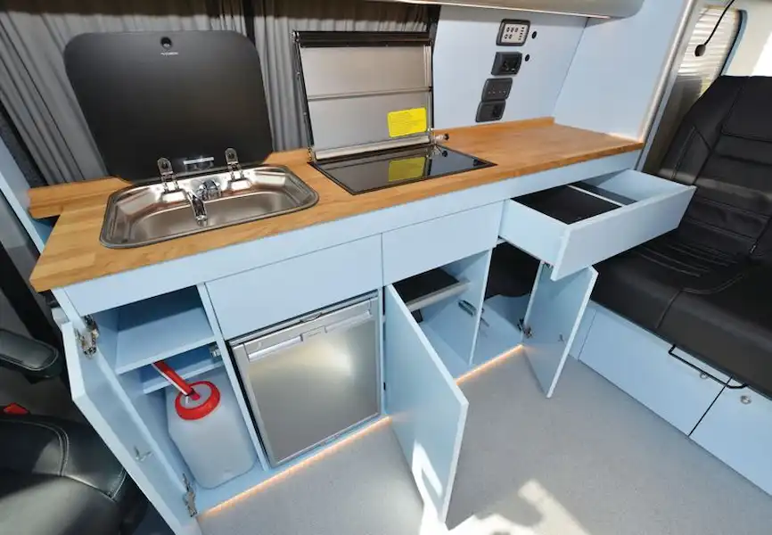 The Big Blue Sky VW T6 campervan kitchen (Click to view full screen)