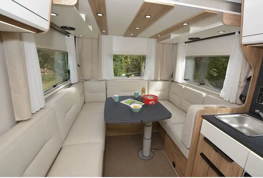 The Pilote P696U Expression motorhome rear lounge (Click to view full screen)