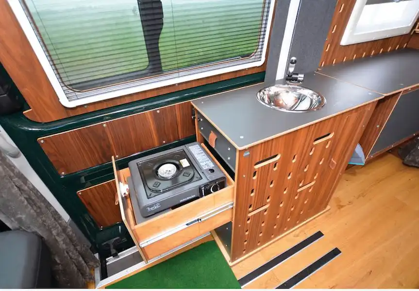 Kitchen in the CargoClips Cargo Camper (Click to view full screen)