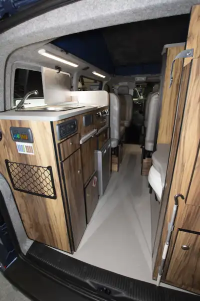 View of the kitchen in the Danbury Active Choice campervan, from the rear (Click to view full screen)