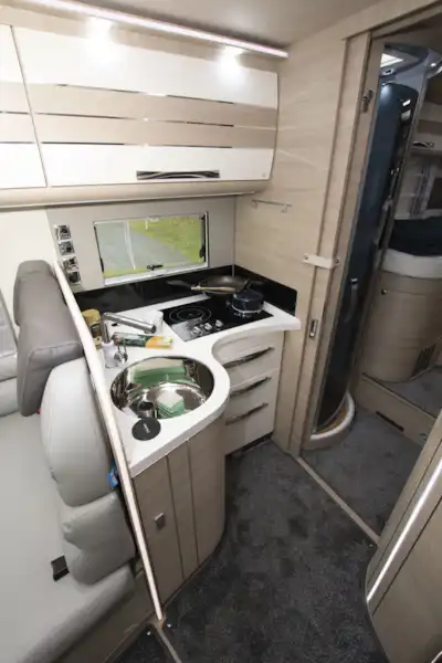 The kitchen in the Mobilvetta Tekno Line K-Yacht 85 motorhome (Click to view full screen)