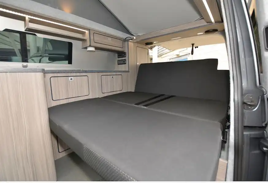 The double bed in the Lowdhams Summit Hi-Trail campervan (Click to view full screen)