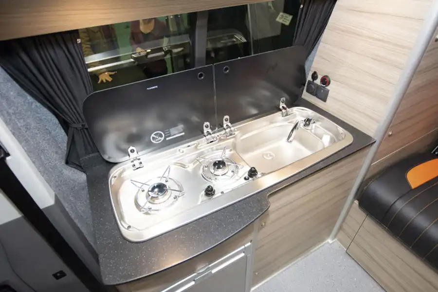Close up of the kitchen in the Rolling Homes Expedition campervan (Click to view full screen)