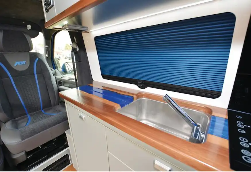 The Knights Custom Prestige Tourer LWB campervan kitchen (Click to view full screen)