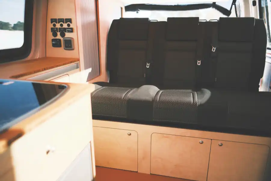 Interior seating in the Newbourne Campers VW T6.1 campervan - picture courtesy of Spacesuit Media/Jamie Sheldrick (Click to view full screen)