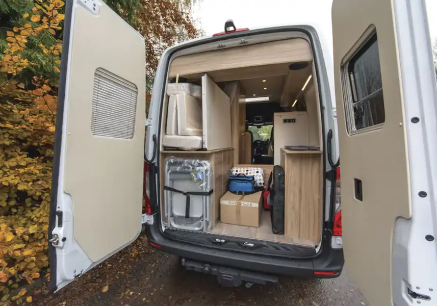 Showing rear storage capacity in the Hymer Grand Canyon campervan (Click to view full screen)