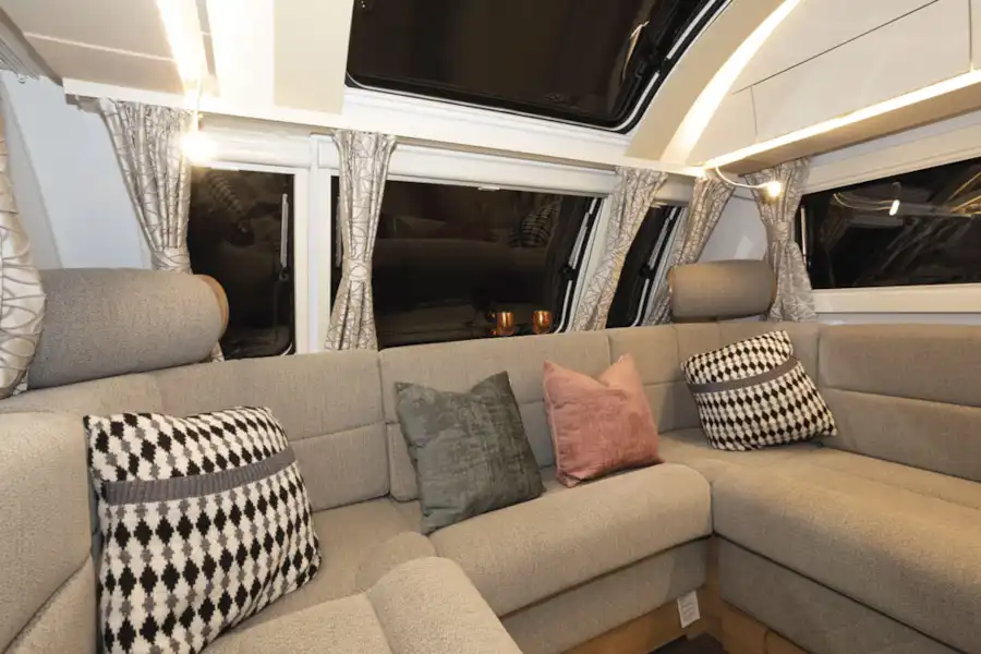 Comfortable seating in the Adria Alpina Colorado caravan (Click to view full screen)