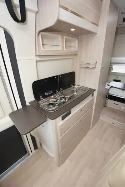 The kitchen in the Dreamer Camper Five campervan (Click to view full screen)