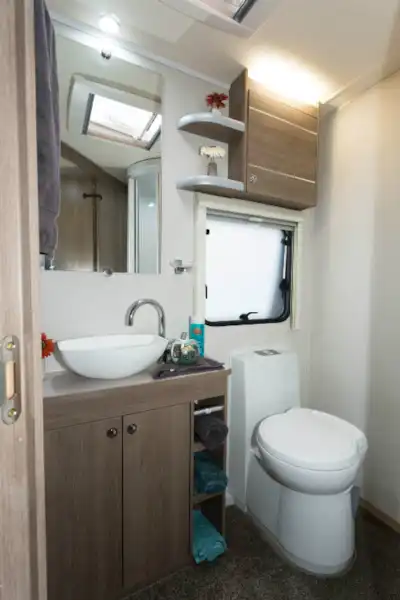 The shower room occupies half of the width of the caravan (Click to view full screen)