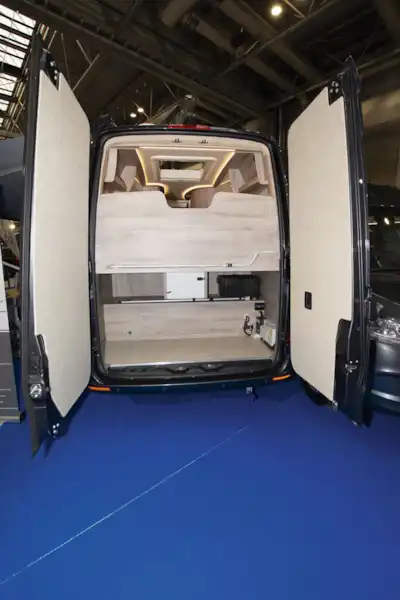 Rear doors open in the WildAx Elara campervan (Click to view full screen)