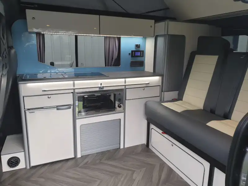 The interior of the Calder Campers Renault Trafic Auto campervan (Click to view full screen)