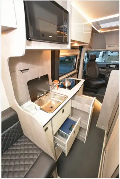 The WildAx Altair high-top campervan kitchen (Click to view full screen)