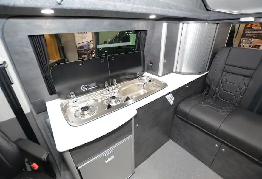 The Rolling Homes Shackleton campervan kitchen (Click to view full screen)