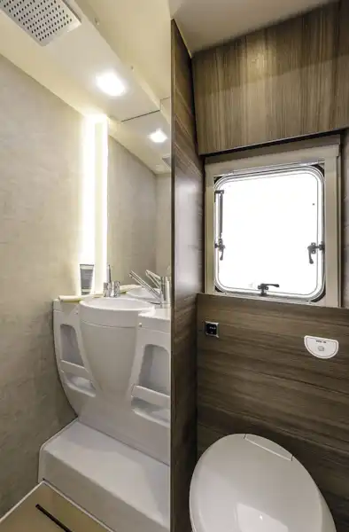 The washroom and shower in the Rimor Evo 77 Plus motorhome (Click to view full screen)