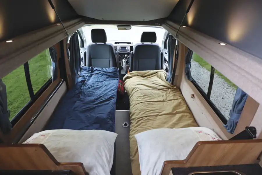 With single beds made up in the Hillside Cromford campervan (Click to view full screen)