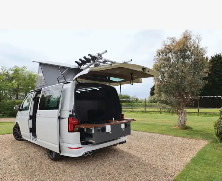 The Knights Custom Conversions Grand Tourer campervan rear kitchen (Click to view full screen)