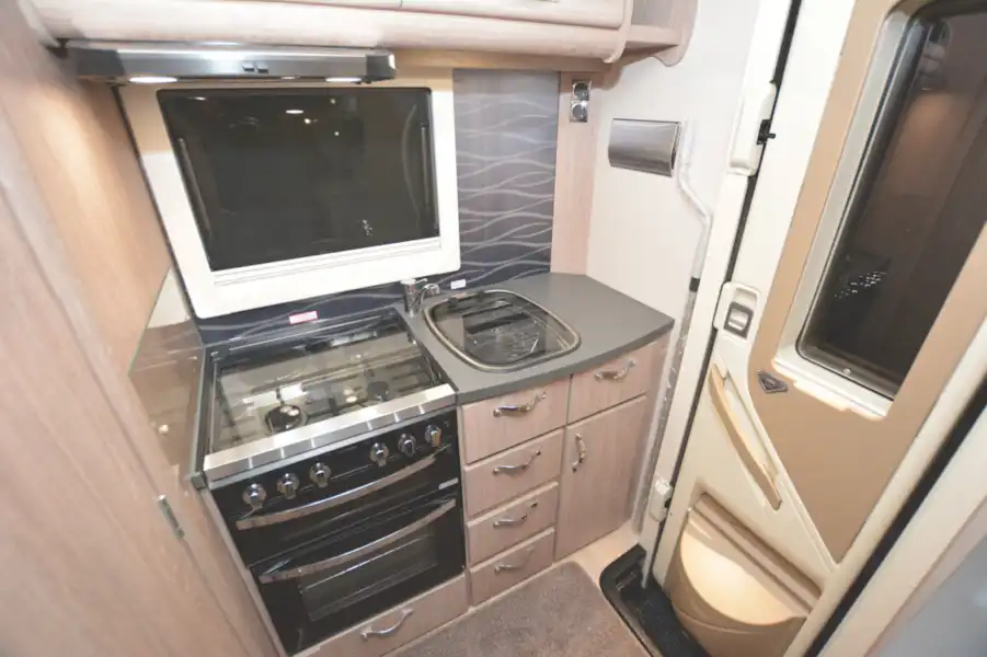 The kitchen in the Auto Sleep Nuevo EK 60th Anniversary edition (Click to view full screen)