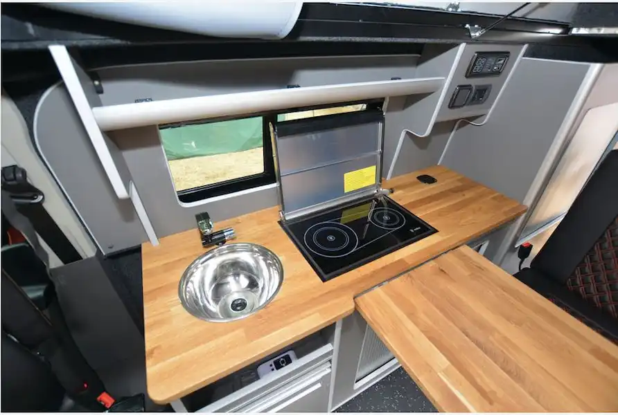 The Bulldog Conversions Transit Custom campervan kitchen (Click to view full screen)