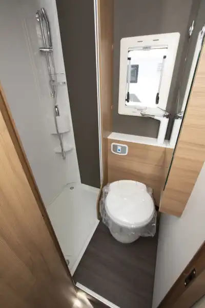 The shower in the washroom in the Adria Coral XL Plus 600 DP motorhome (Click to view full screen)