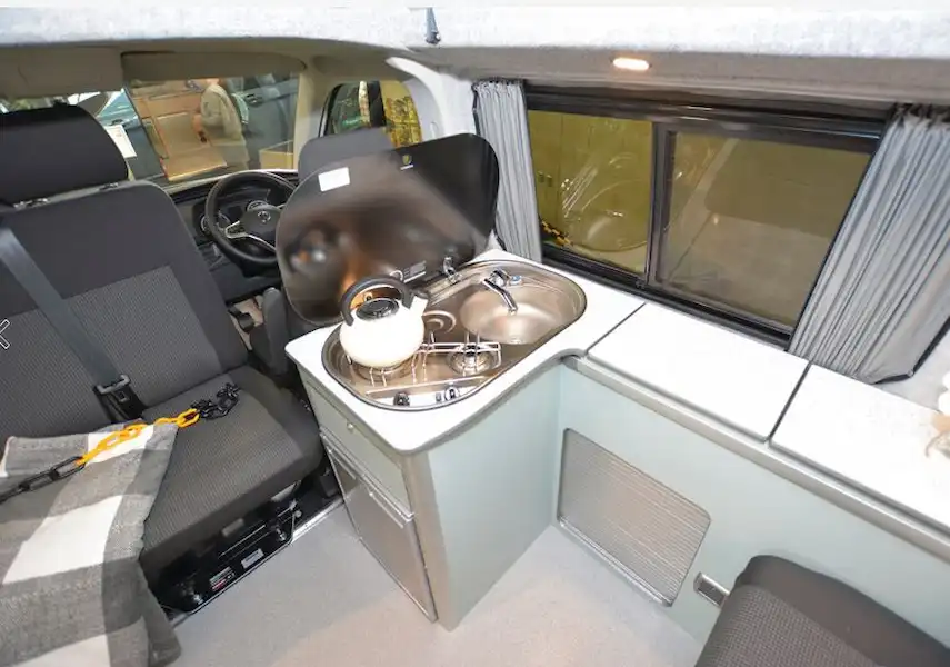 The Thistle Rose VW T6.1 campervan kitchen area (Click to view full screen)