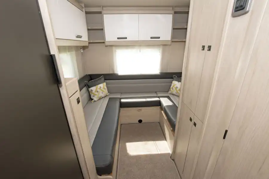 The rear lounge, which converts to a double bed, in the Auto-Trail Tribute F72 motorhome (Click to view full screen)