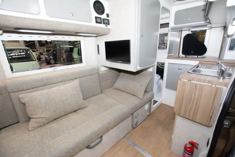 The sofa in the Murvi Pimento SB campervan (Click to view full screen)