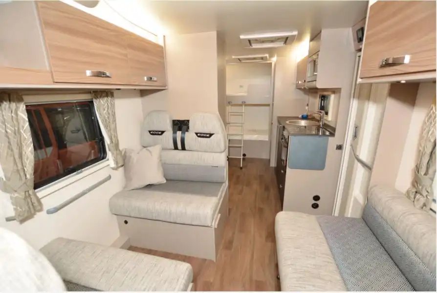 The Swift Edge 466 overcab motorhome view aft (Click to view full screen)