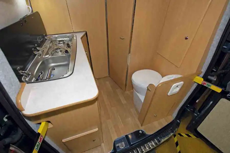 The kitchen, with cassette toilet opposite (Click to view full screen)