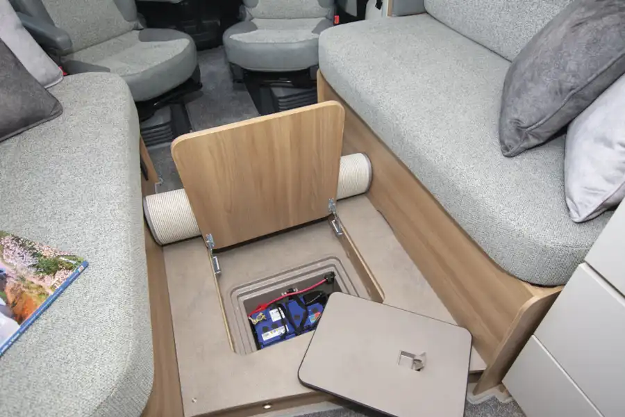 The false floor in the Bailey Autograph 79-2F motorhome, showing leisure battery below (Click to view full screen)