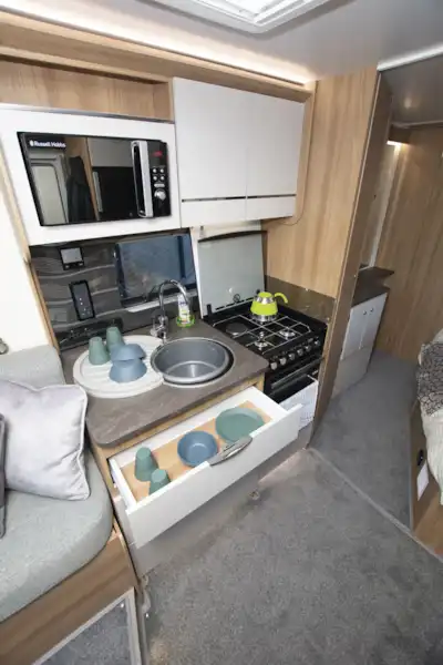 The kitchen in the Bailey Autograph 79-2F motorhome (Click to view full screen)