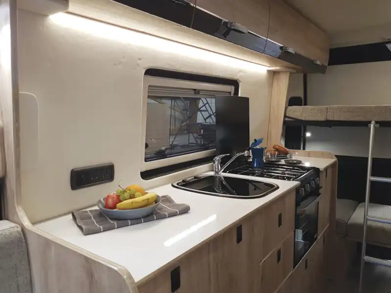 The kitchen in the Axon Spirit campervan (Click to view full screen)