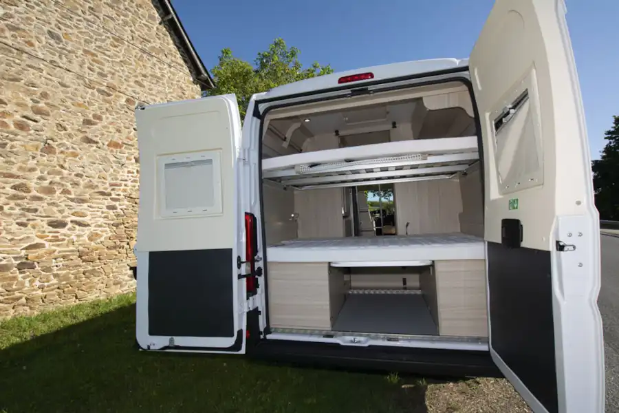 Rear doors open in the Dreamer D53 Fun campervan (Click to view full screen)