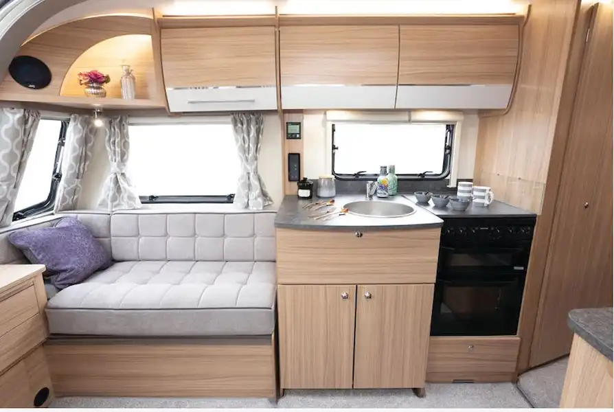 The kitchen inside the Bailey Phoenix+ 440 caravan  (Click to view full screen)