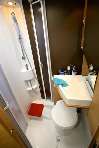 Classy washroom hides a drop-down washbasin (Click to view full screen)
