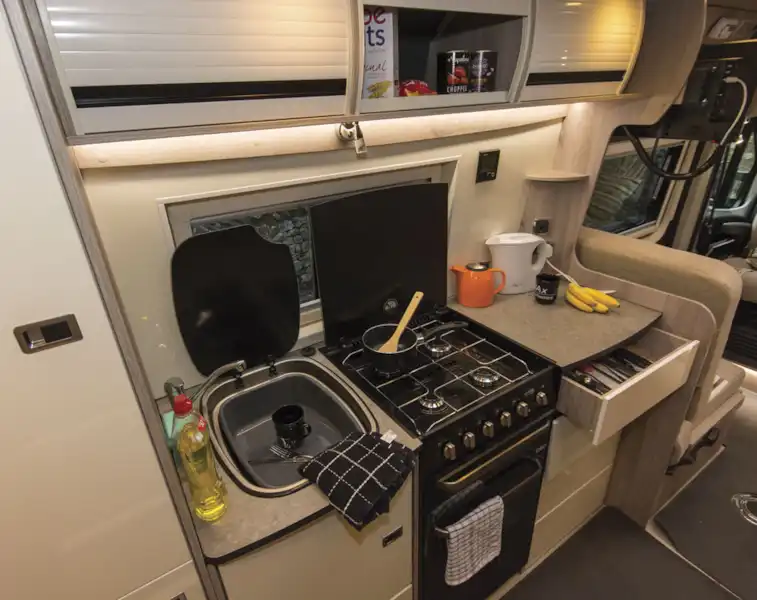The kitchen in the WildAx Solaris XL campervan (Click to view full screen)