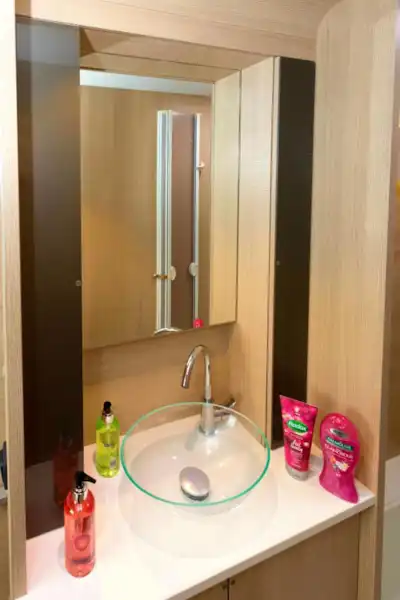 Slim cabinets flank the mirror; the bowl has a pop-up plug (Click to view full screen)