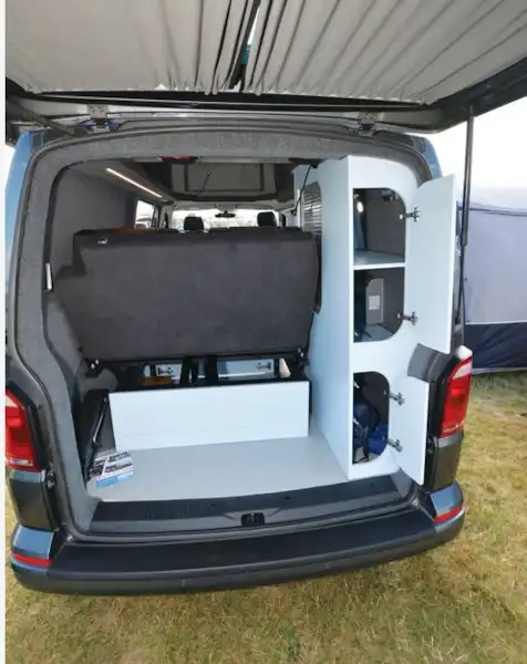 The Big Blue Sky VW T6 campervan boot area (Click to view full screen)
