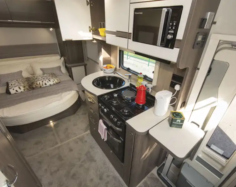 The well equipped kitchen in the Elddis Encore 250 motorhome (Click to view full screen)