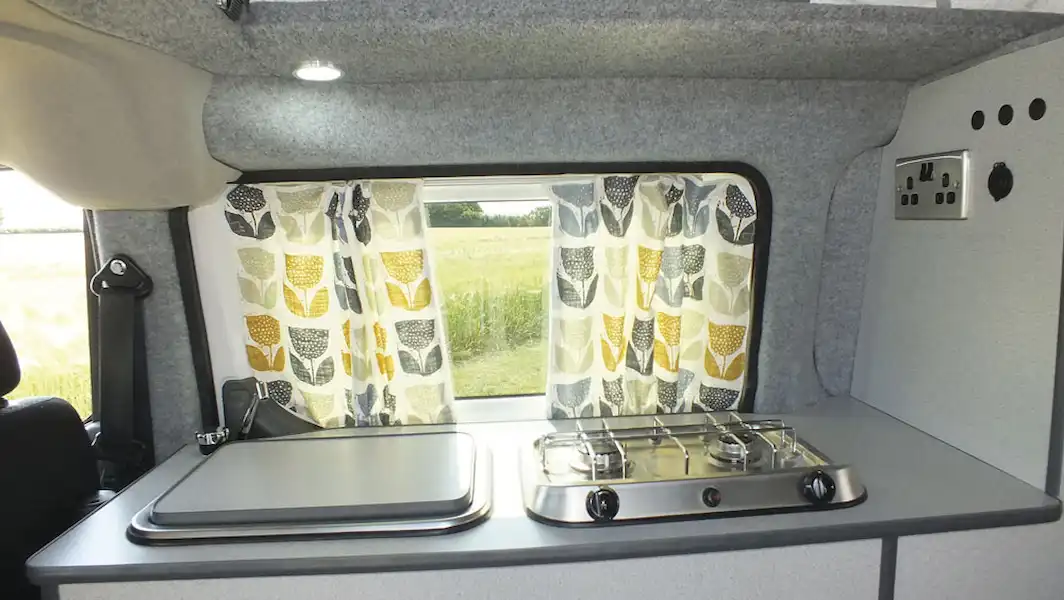 The kitchen in the Small Campervan Nissan e-NV200 (Click to view full screen)